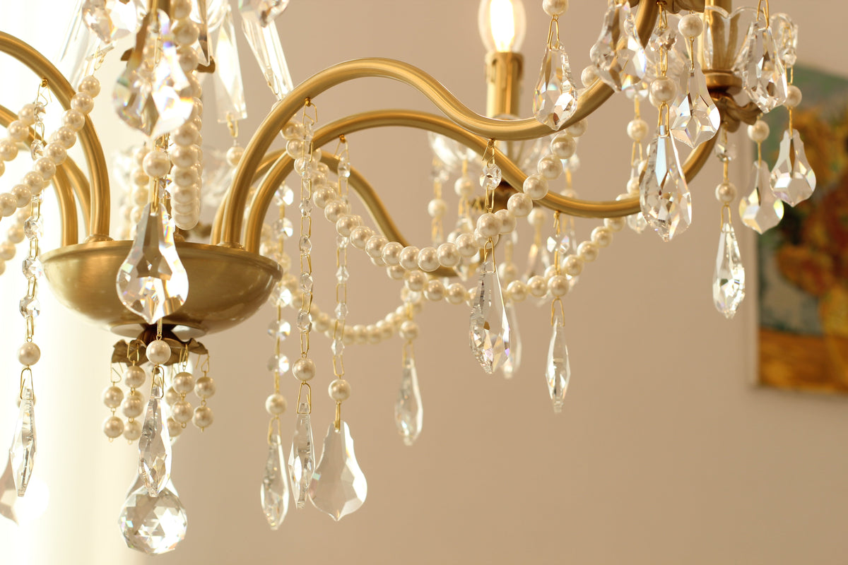 8 Lights Candle Style Small Gold Chandelier Luxury Brass Arm Chandelier with Acrylic Pearl Chains-铜灯-Jecanoli