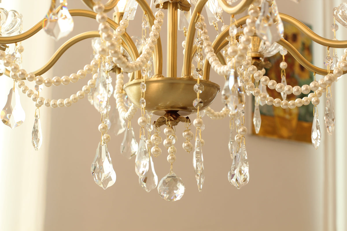 8 Lights Candle Style Small Gold Chandelier Luxury Brass Arm Chandelier with Acrylic Pearl Chains-铜灯-Jecanoli