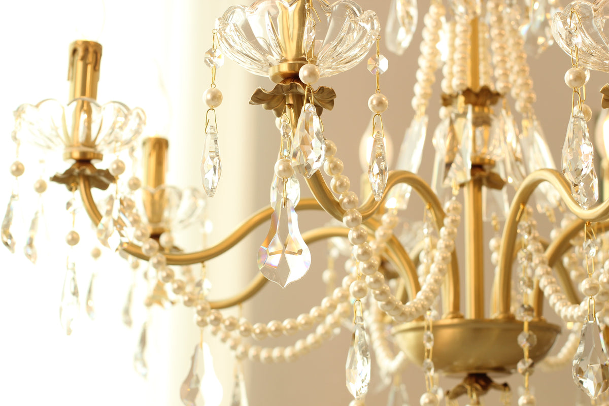8 Lights Candle Style Small Gold Chandelier Luxury Brass Arm Chandelier with Acrylic Pearl Chains-铜灯-Jecanoli