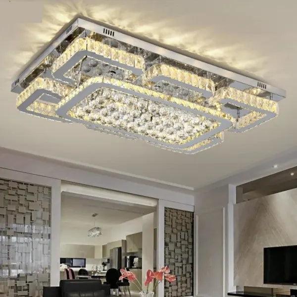 Luxury Rectangular Dimmable Crystal Flush Mount Chandelier