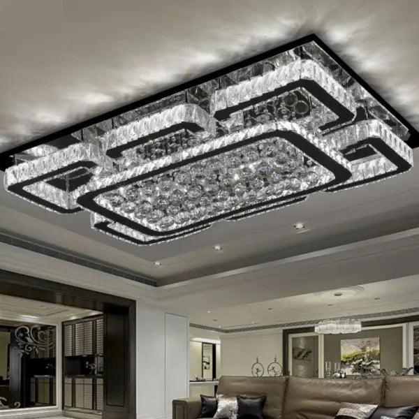 Luxury Rectangular Dimmable Crystal Flush Mount Chandelier