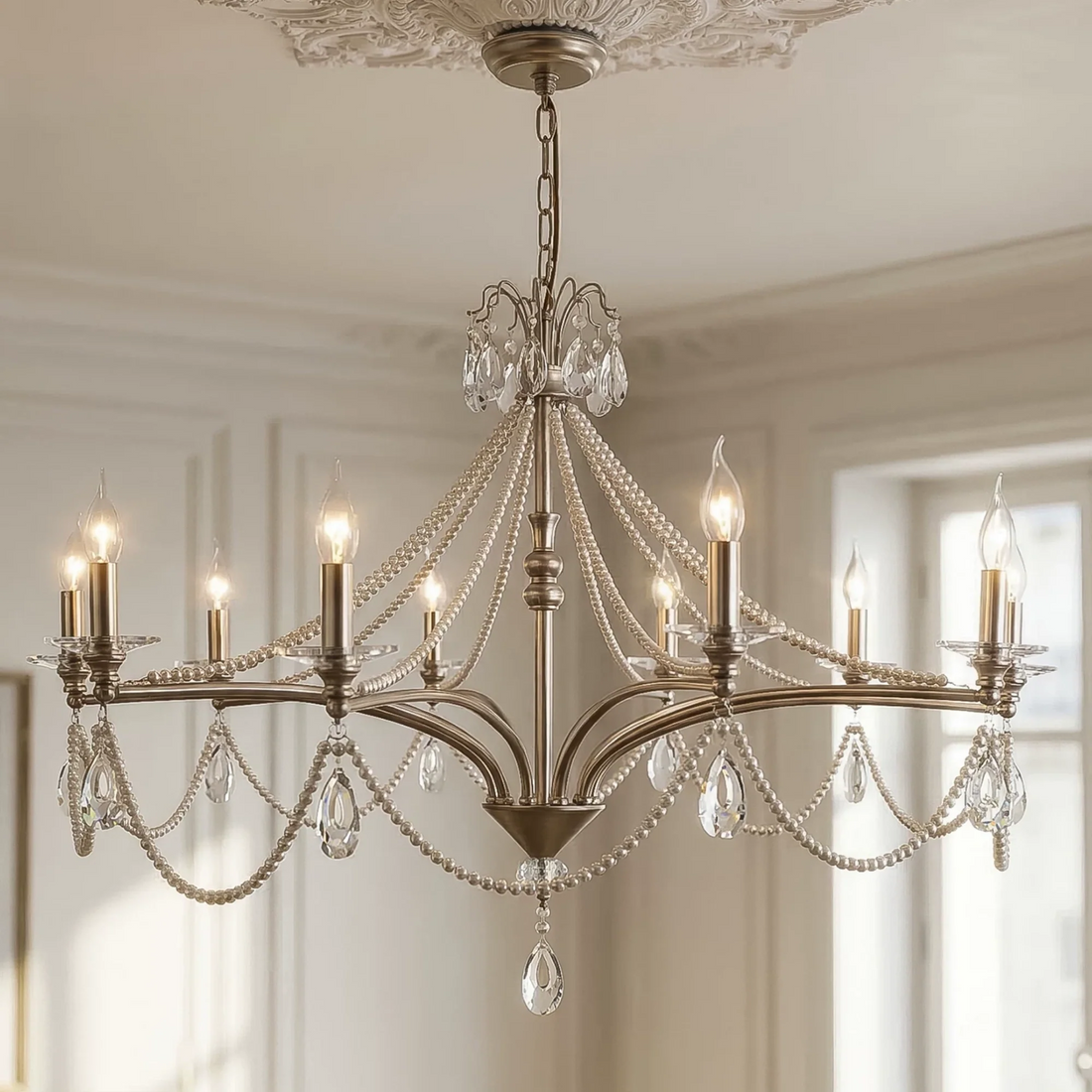 French Vintage Pearl Crystal Chandelier-Jecanoli