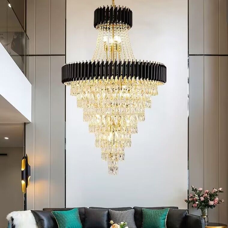 lUXURY modern black/gold crystal chandelier multi-layer foyer,staircase light fixture
