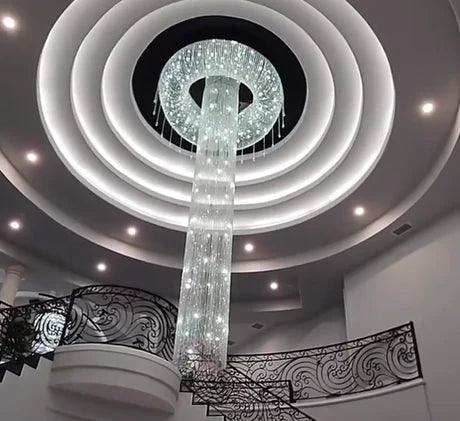 Extra Large Flush Mount Silver Waterfall Luxury Ceiling Crystal Chandelier for High-ceiling Living Room/Duplex Hall