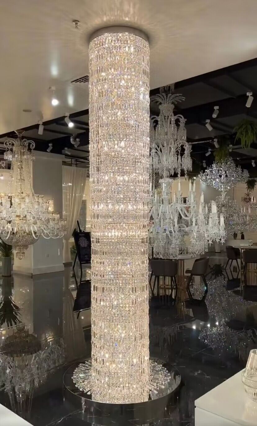 Oversized Silver Crystal Long Ceiling Chandelier Art Designer Column Waterfall Decorative Staircase Light Fixture fringe chrome finish crystal light
