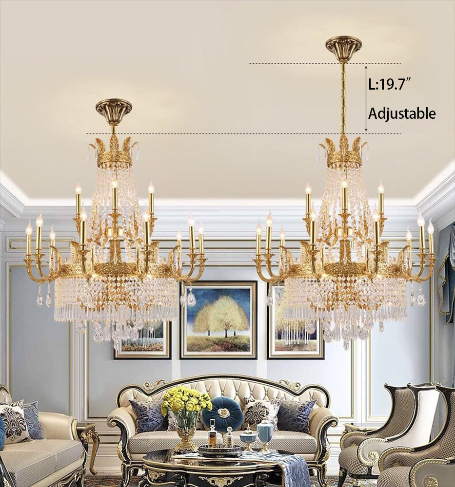 Large Oversized Luxury Golden Metal Brass Candle Crystal Tassel Chandelier For High-ceiling Staircase/Entryway/Hallway/Living/Meeting Room