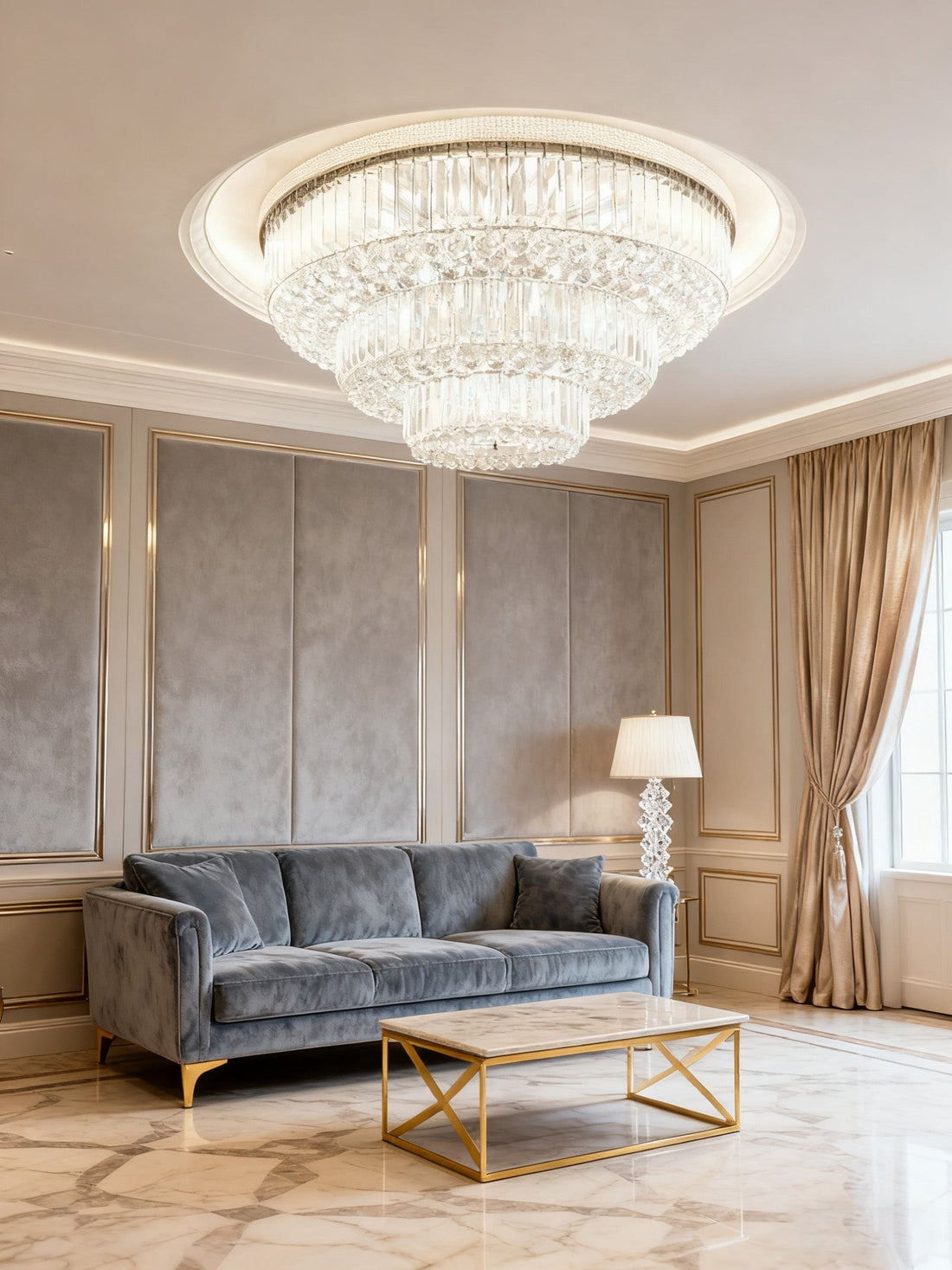 39 Inch Round Crystal Ceiling Light Tiered Flush Mounted Chandelier for Low Ceiling Room-大吊灯-Jecanoli