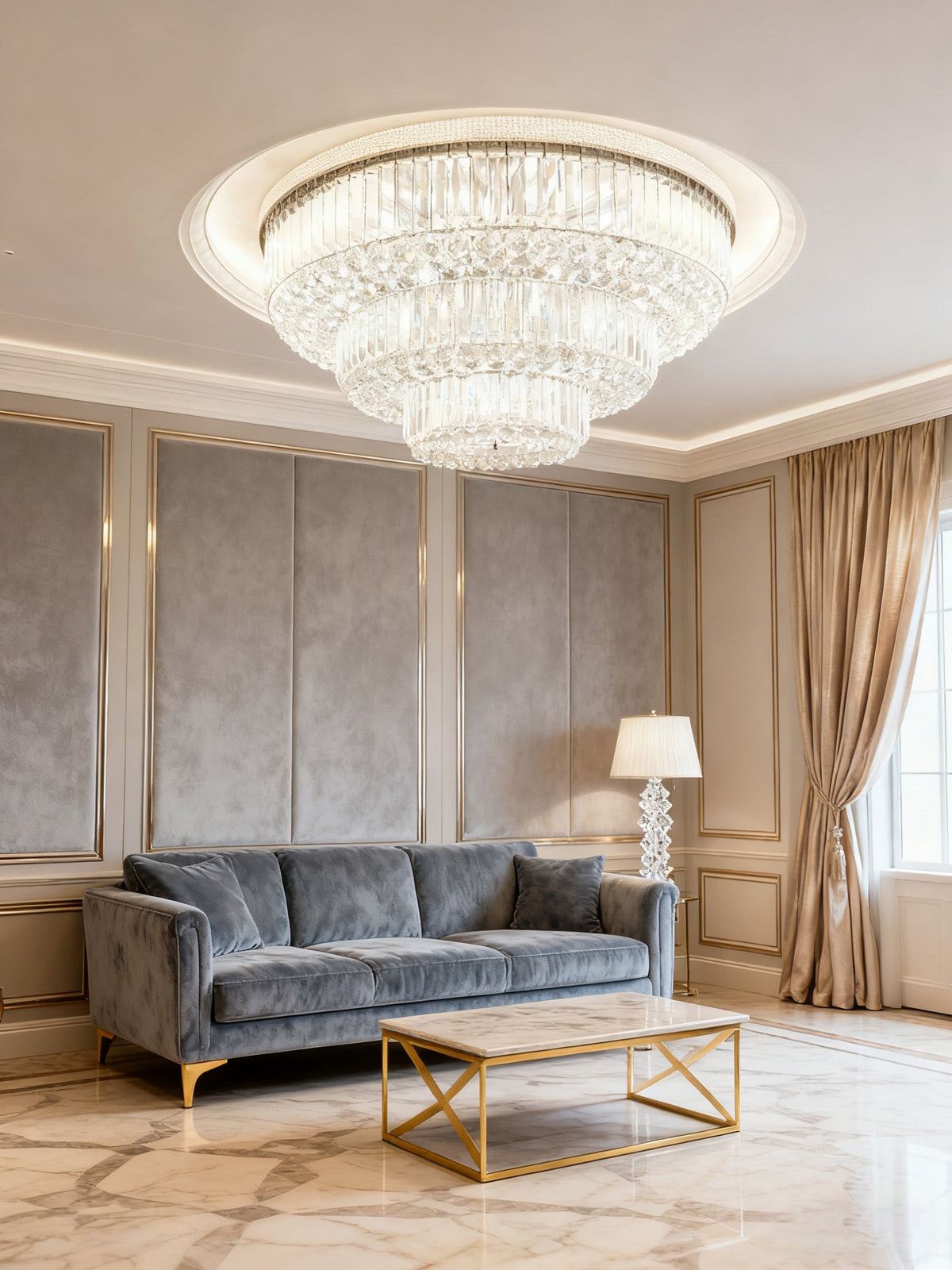 39 Inch Round Crystal Ceiling Light Tiered Flush Mounted Chandelier for Low Ceiling Room-大吊灯-Jecanoli