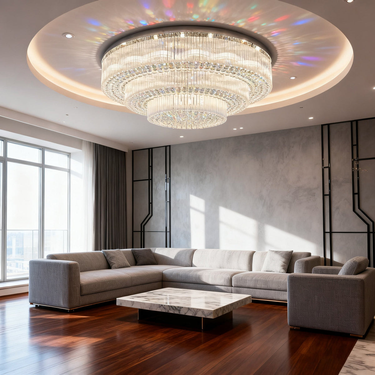 59 Inch Round Crystal Ceiling Light Custom Tiered Flush Mounted Chandelier-大吊灯-Jecanoli