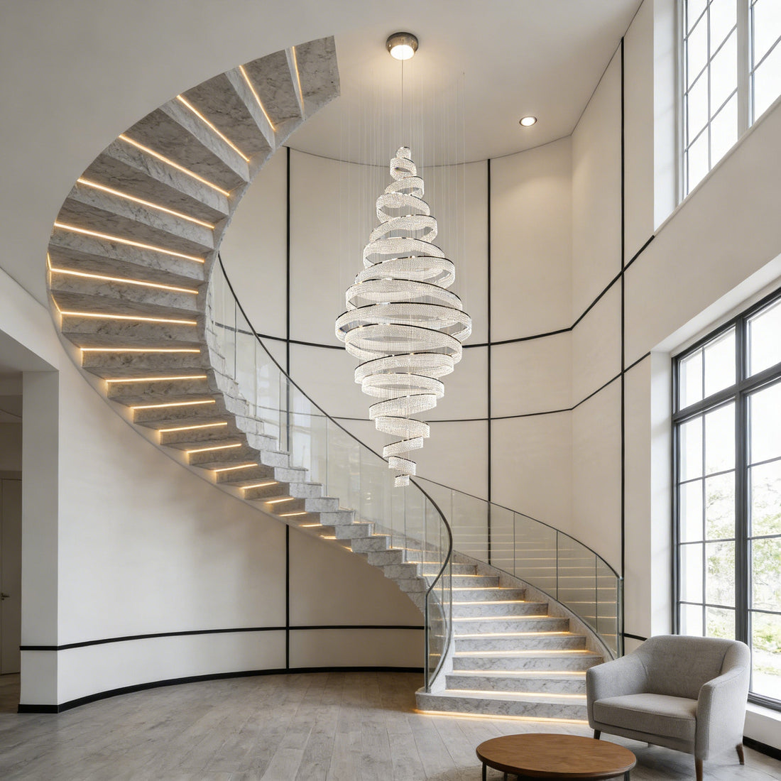 17 Crystal Rings Pendant Light 71X216 Inch Spiral Staircase Chandelier for High Ceilings-大吊灯-Jecanoli