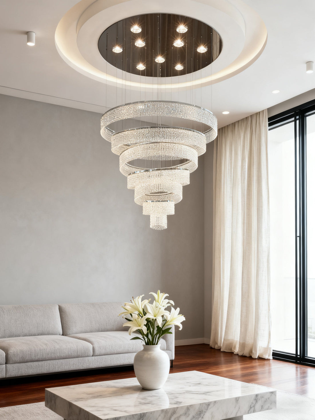 Custom Made 7 Rings Spiral Chandelier Foyer Crystal Lighting 43"W 79"H-大吊灯-Jecanoli