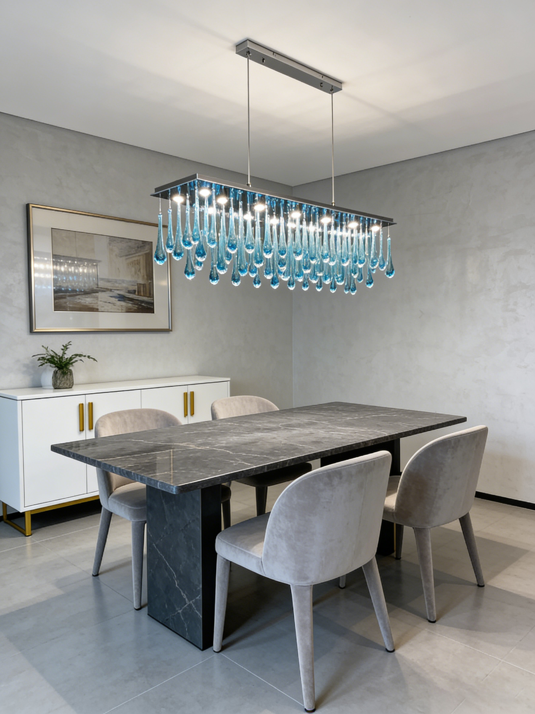 Rectangle Rainfall Blue Murano Glass Chandelier for Dining Room 18"W 24"H-大吊灯-Jecanoli