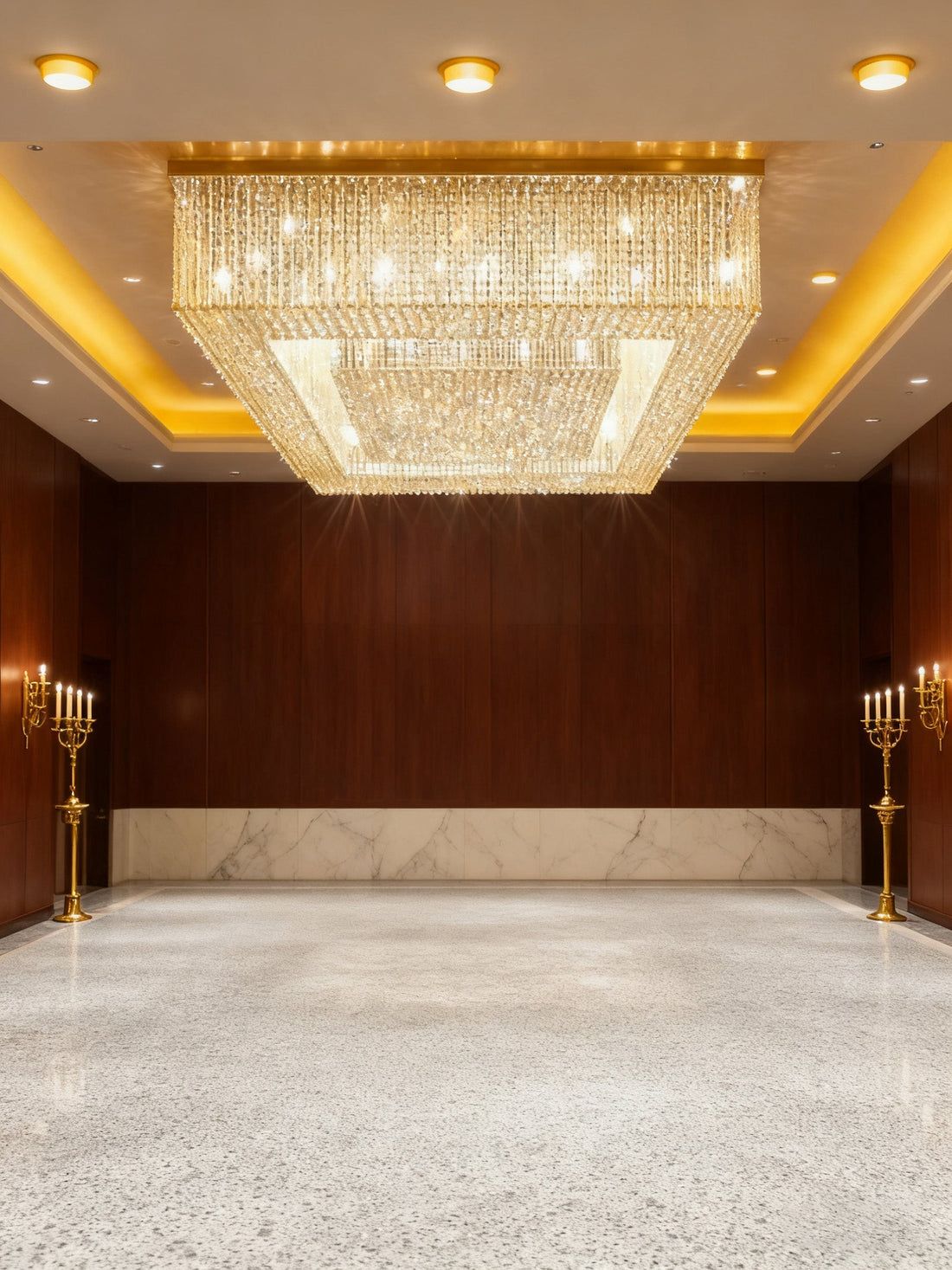 Custom Made Huge Rectangle Flush Mounted Gold Crystal Chandelier for Low Ceiling-大吊灯-Jecanoli