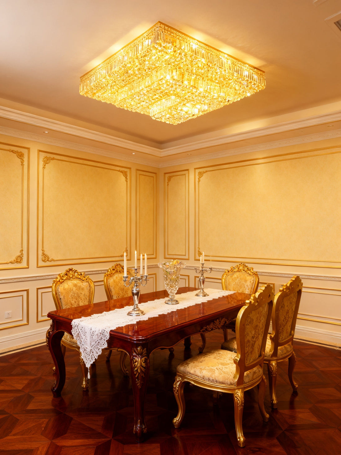 47 Inch 3 Tiers Big Square Flush Mounted Chandelier Gold Crystal Chandelier-大吊灯-Jecanoli