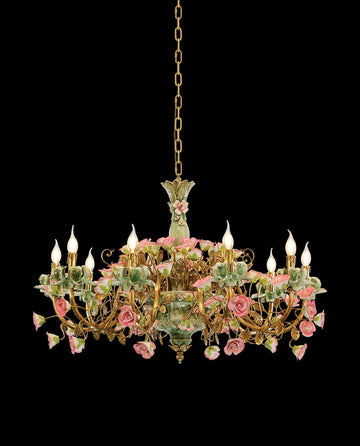 39X28 Inch 10 Lights Brass Chandelier and Green & Pink Porcelain Flower Chandelier-铜灯-Jecanoli