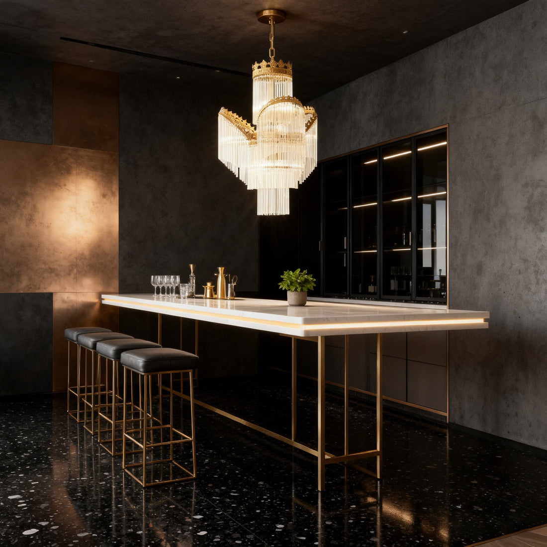 Sleek Small Modern Art Deco Brass & Glass Chandelier 19'' W x 27'' H – Perfect for Living Room Entryway Bedroom-铜灯-Jecanoli