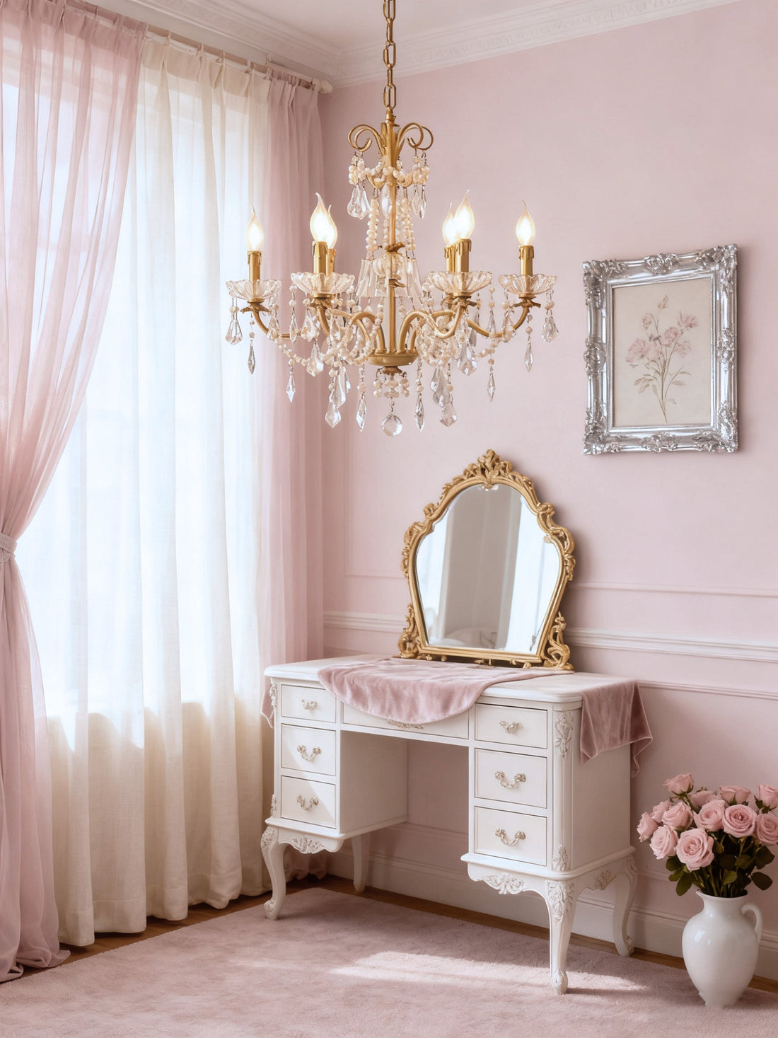 6 Lights Candle Style Small Gold Chandelier Luxury Brass Arm Chandelier with Acrylic Pearl Chains-铜灯-Jecanoli