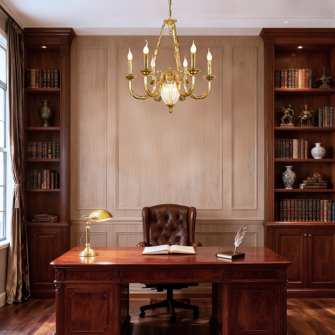 6 Lights Small Empire Style Antique Brass Chandelier Gold Chandelier for Study Room 26X26 Inch-铜灯-Jecanoli