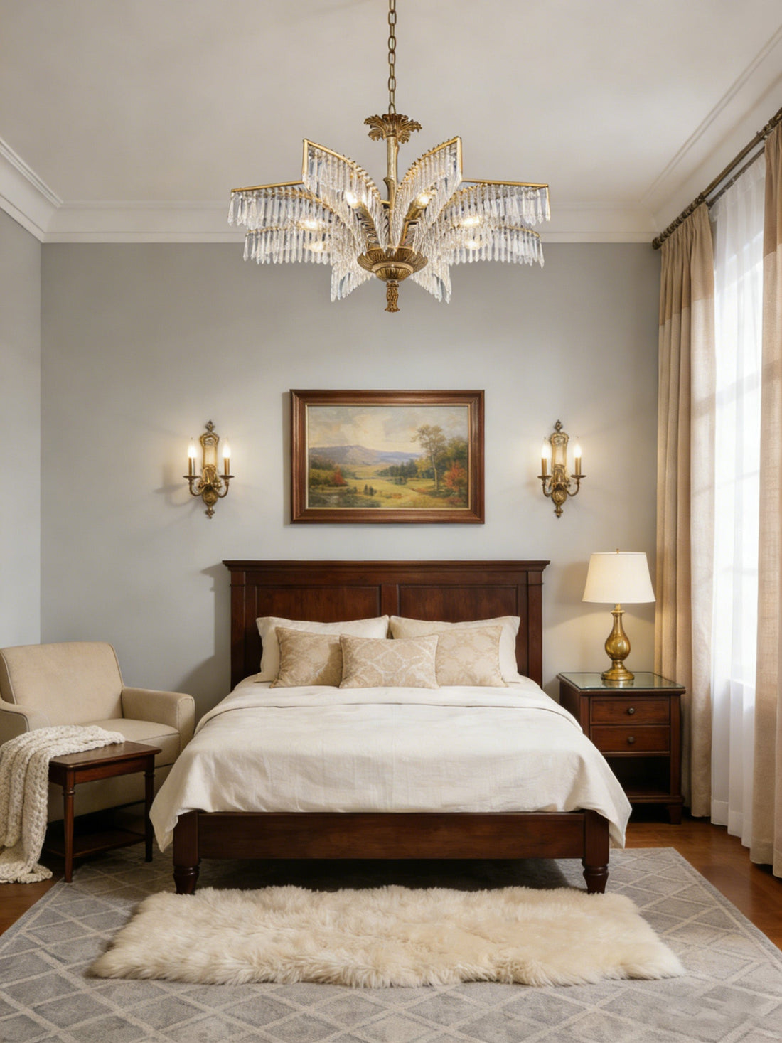 22 Inch Wide 1 Layer Small Brass Palm Tree Crystal Chandelier Light for Bedroom-铜灯-Jecanoli
