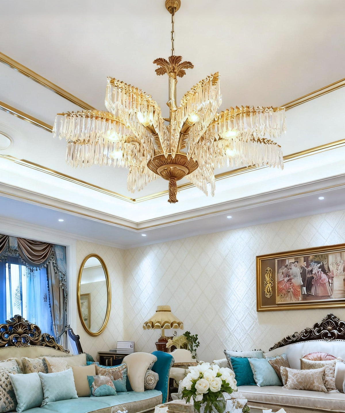 22 Inch Wide 1 Layer Small Brass Palm Tree Crystal Chandelier Light for Bedroom-铜灯-Jecanoli