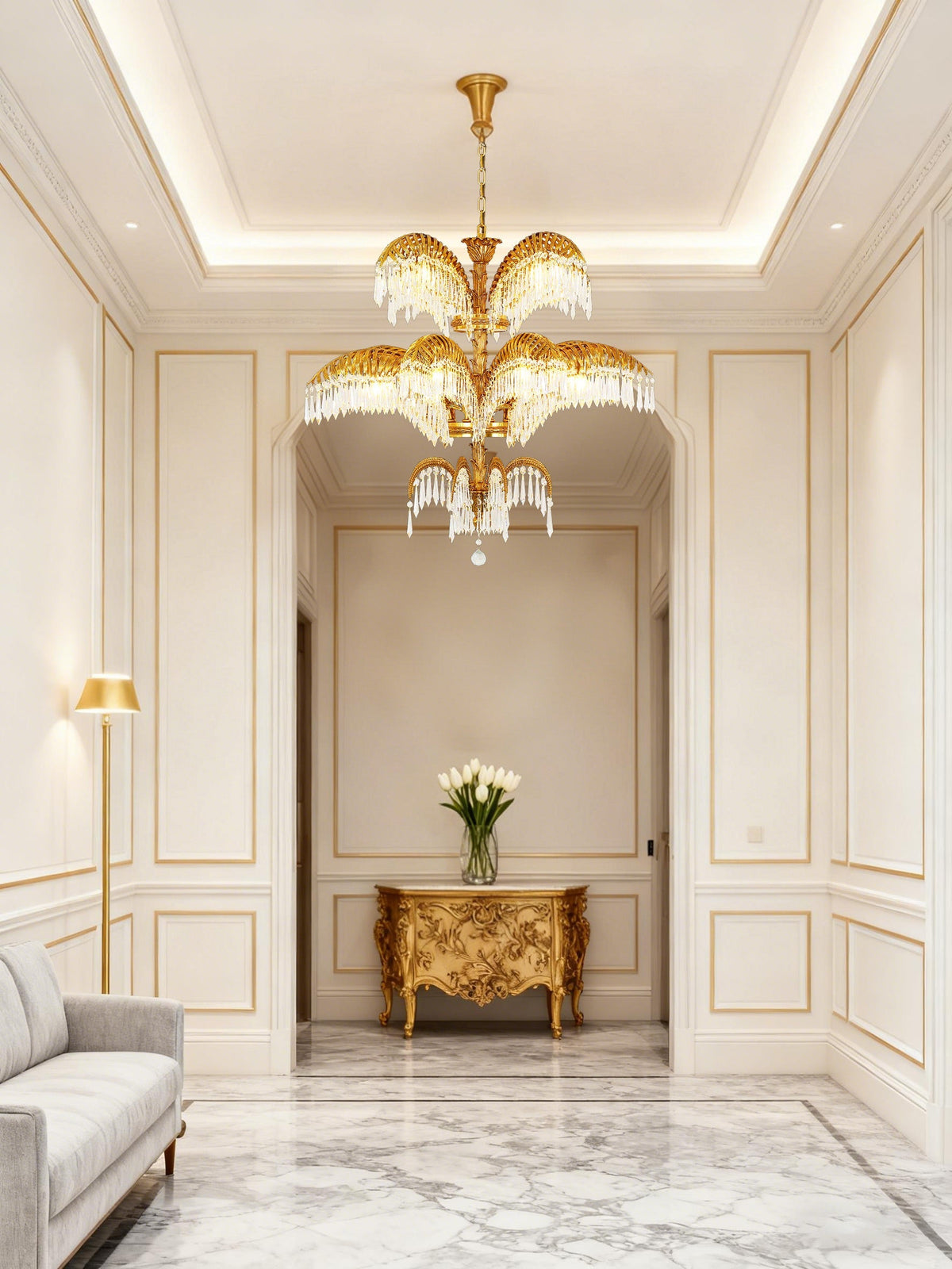 39X35 Inch Wide 3-Layer Big Brass Palm Tree Gold Crystal Chandelier for Entrance/ Foyer-铜灯-Jecanoli