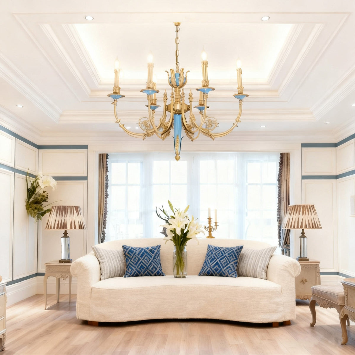 26X23 Inch 6 Lights Rococo Style Antique Copper Chandelier Small Blue Bedroom Chandelier-铜灯-Jecanoli