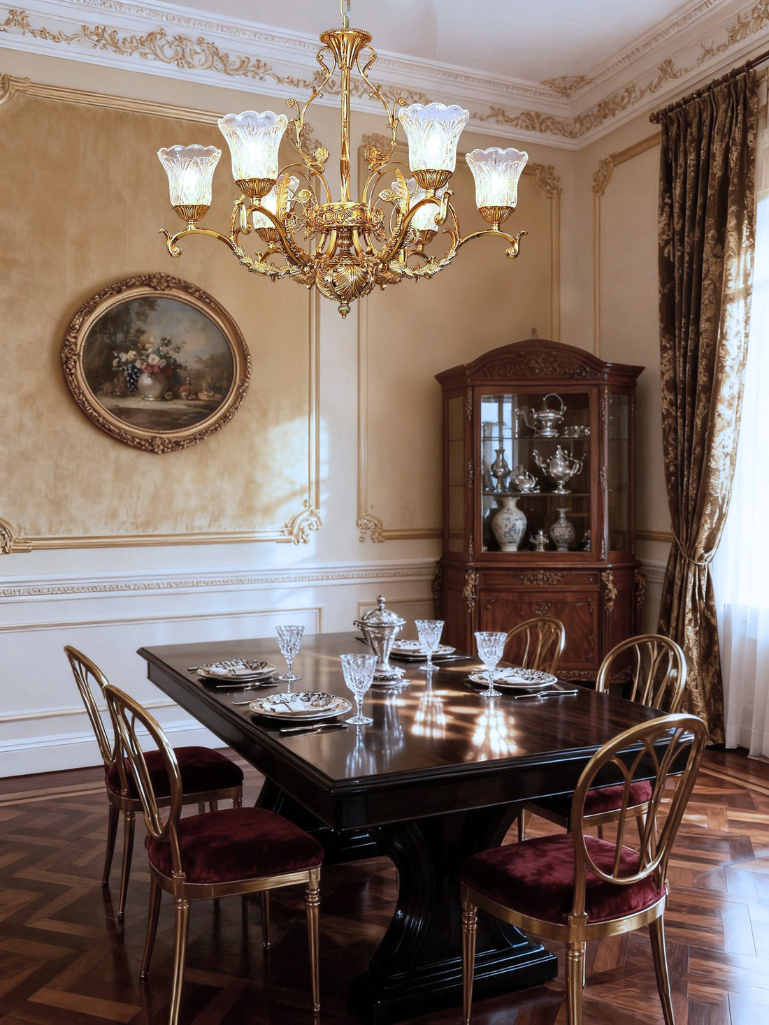 33X25 Inch 6 Lights Small Antique Copper Chandelier Light with Glass Shades-铜灯-Jecanoli