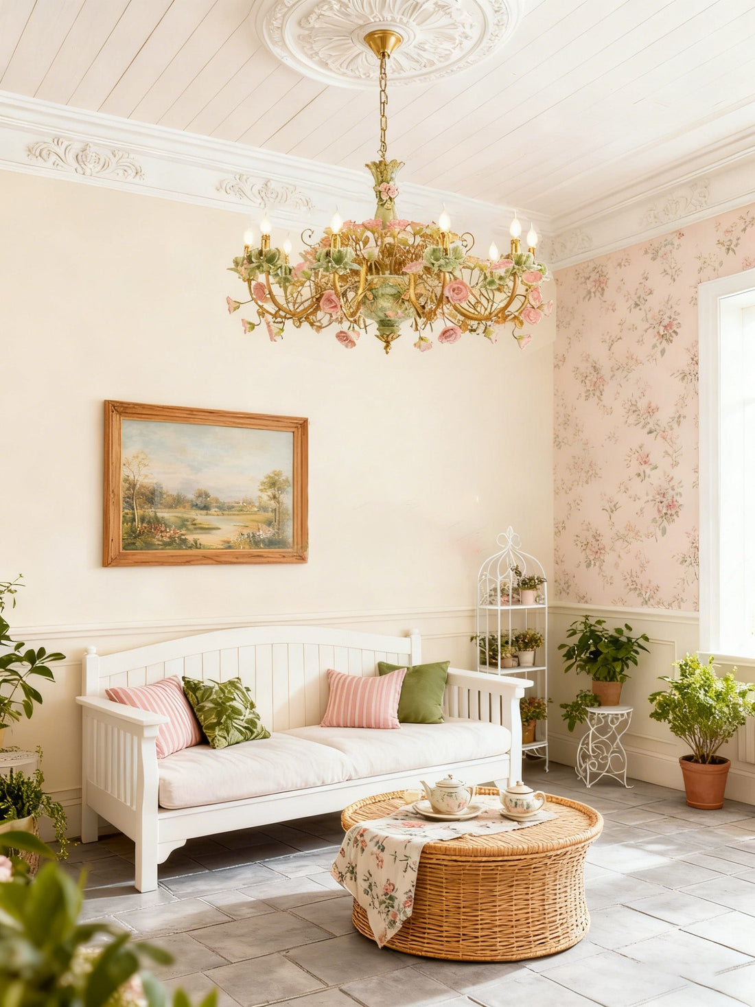 39X28 Inch 10 Lights Brass Chandelier and Green & Pink Porcelain Flower Chandelier-铜灯-Jecanoli