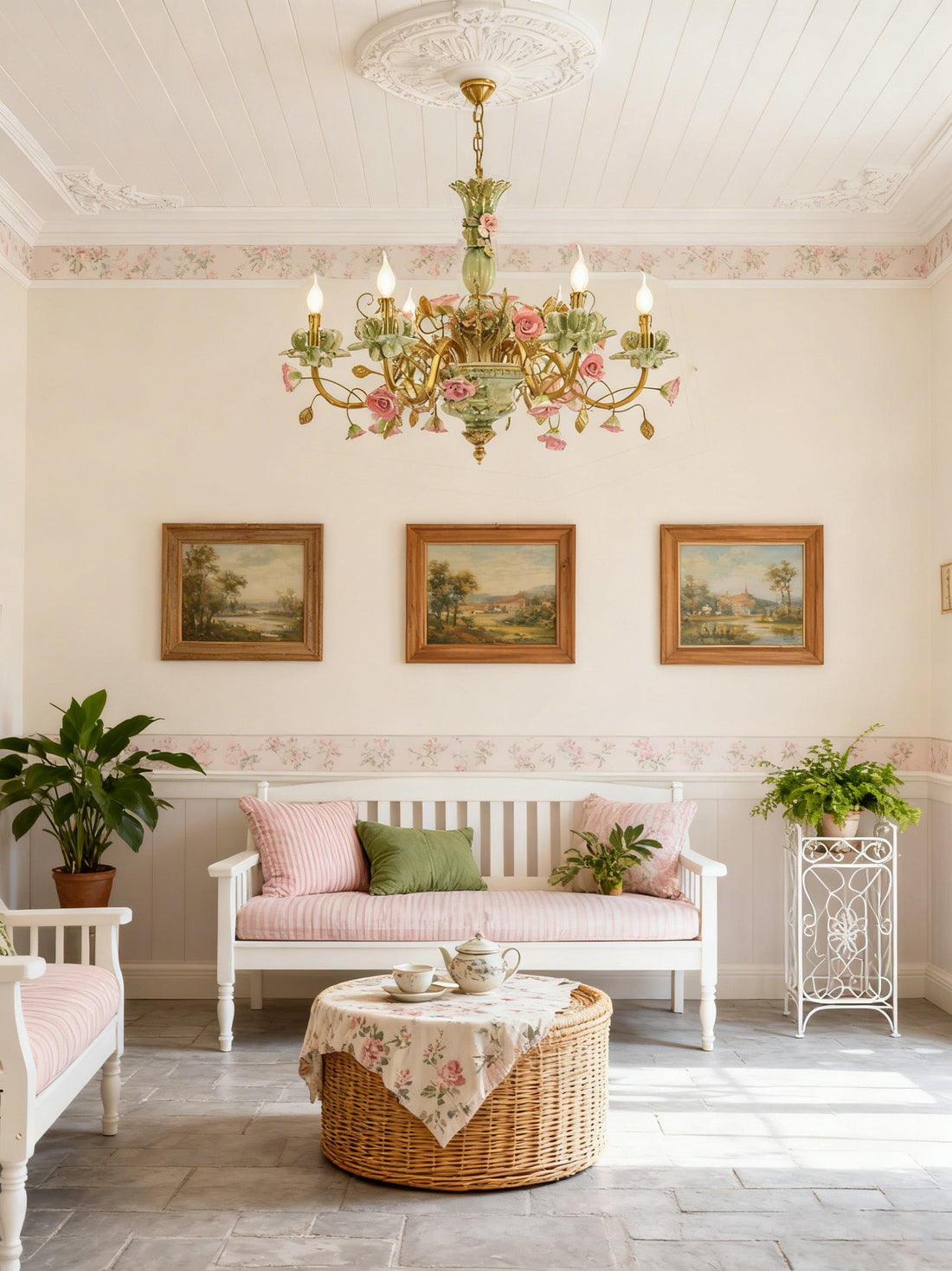 31X24 Inch 6 Lights Brass Chandelier and Green & Pink Porcelain Flower Chandelier-铜灯-Jecanoli
