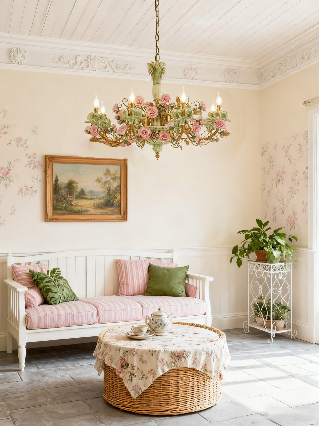 35X24 Inch 8 Lights Brass Chandelier and Green & Pink Porcelain Flower Chandelier-铜灯-Jecanoli
