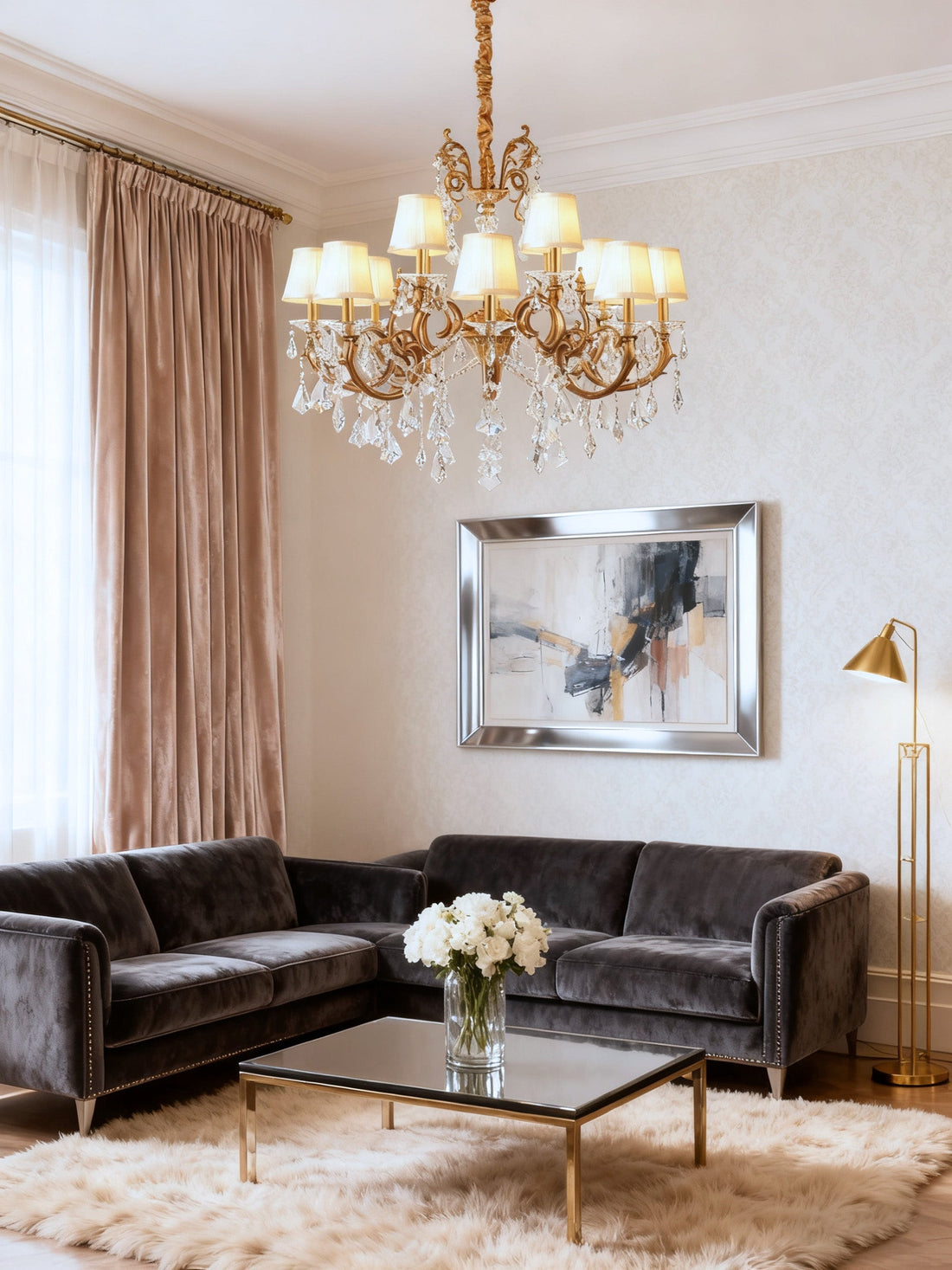 37X31 Inch 12-Light Candle Style Antique Brass Crystal Chandelier – Ideal for Dining Room & Foyer High Ceilings-铜灯-Jecanoli