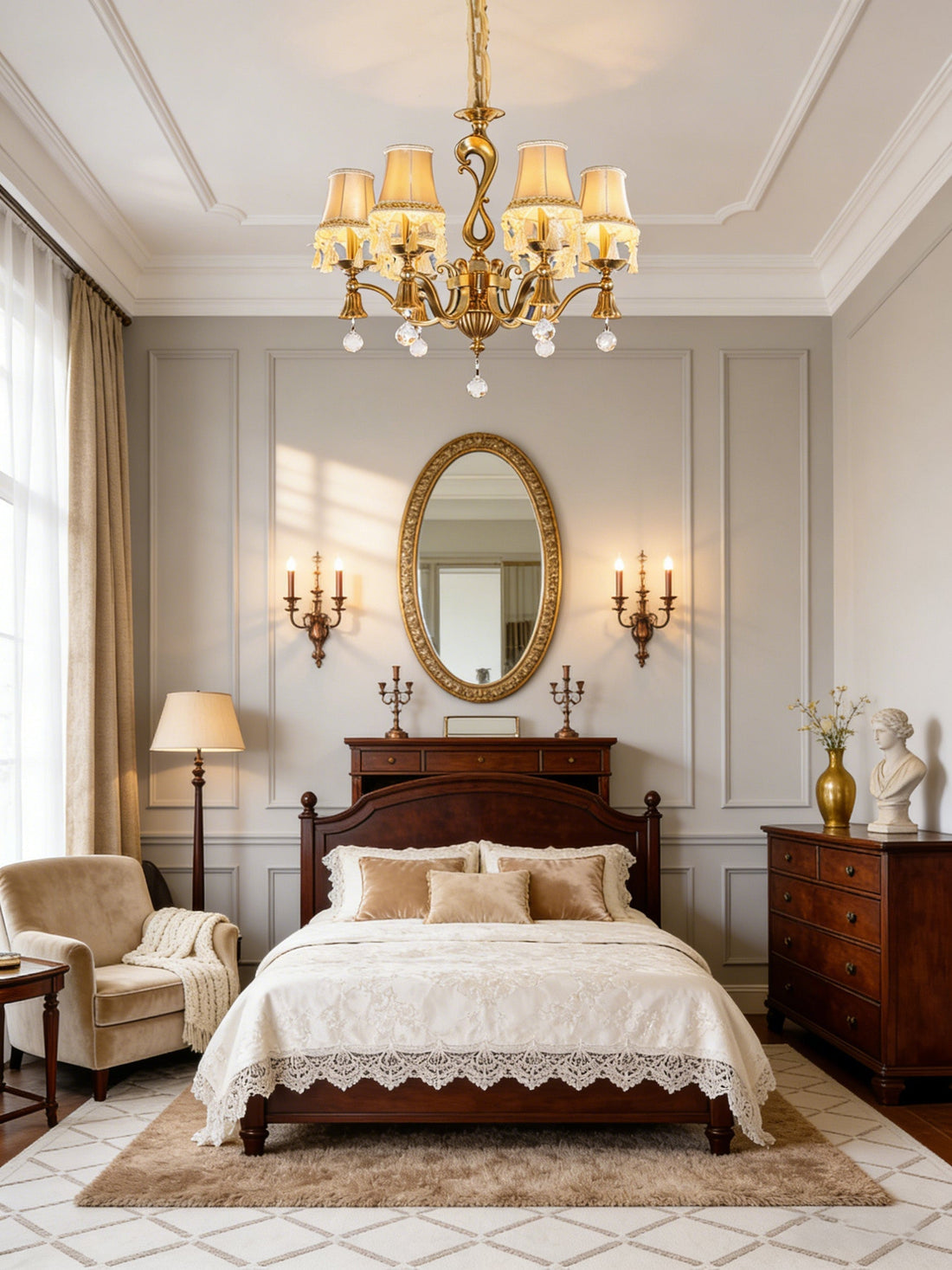 25X24 Inch 6 Light Elegant Antique Brass and Crystal Chandelier Light for Bedroom-铜灯-Jecanoli