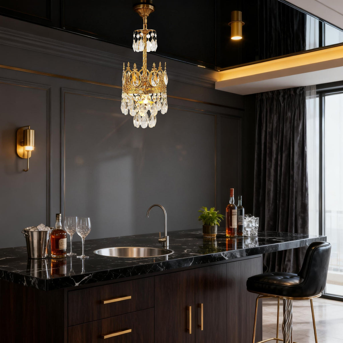 6 Inch Mini Crystal Pendant Light for Kitchen Island Empire Style Brass Crystal Chandelier-铜灯-Jecanoli