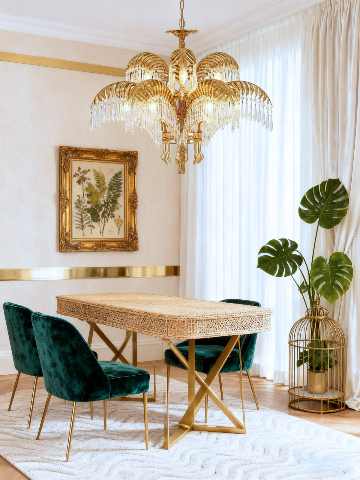30 Inch Wide 2-Layer Palm Tree Brass and Crystal Chandelier Light-铜灯-Jecanoli