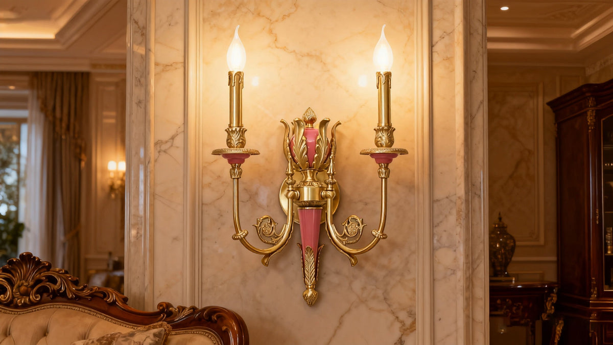 2 Lights Rococo Style Brass Wall Lamp Blue/ Pink Color-壁灯-Jecanoli