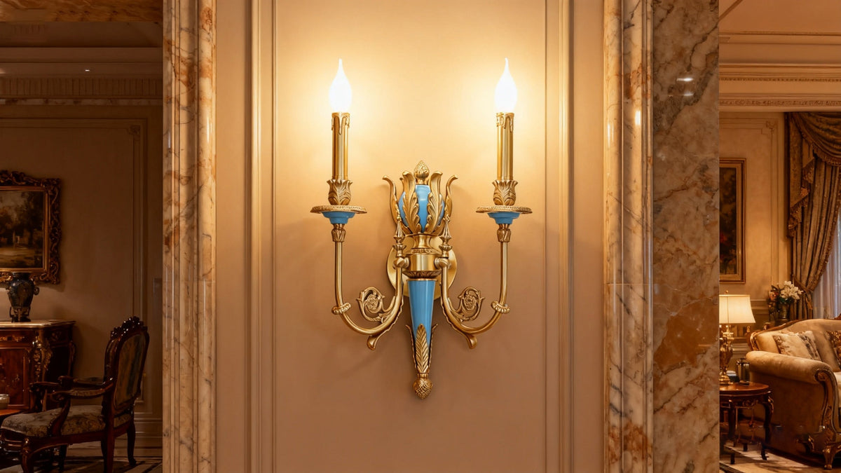 2 Lights Rococo Style Brass Wall Lamp Blue/ Pink Color-壁灯-Jecanoli