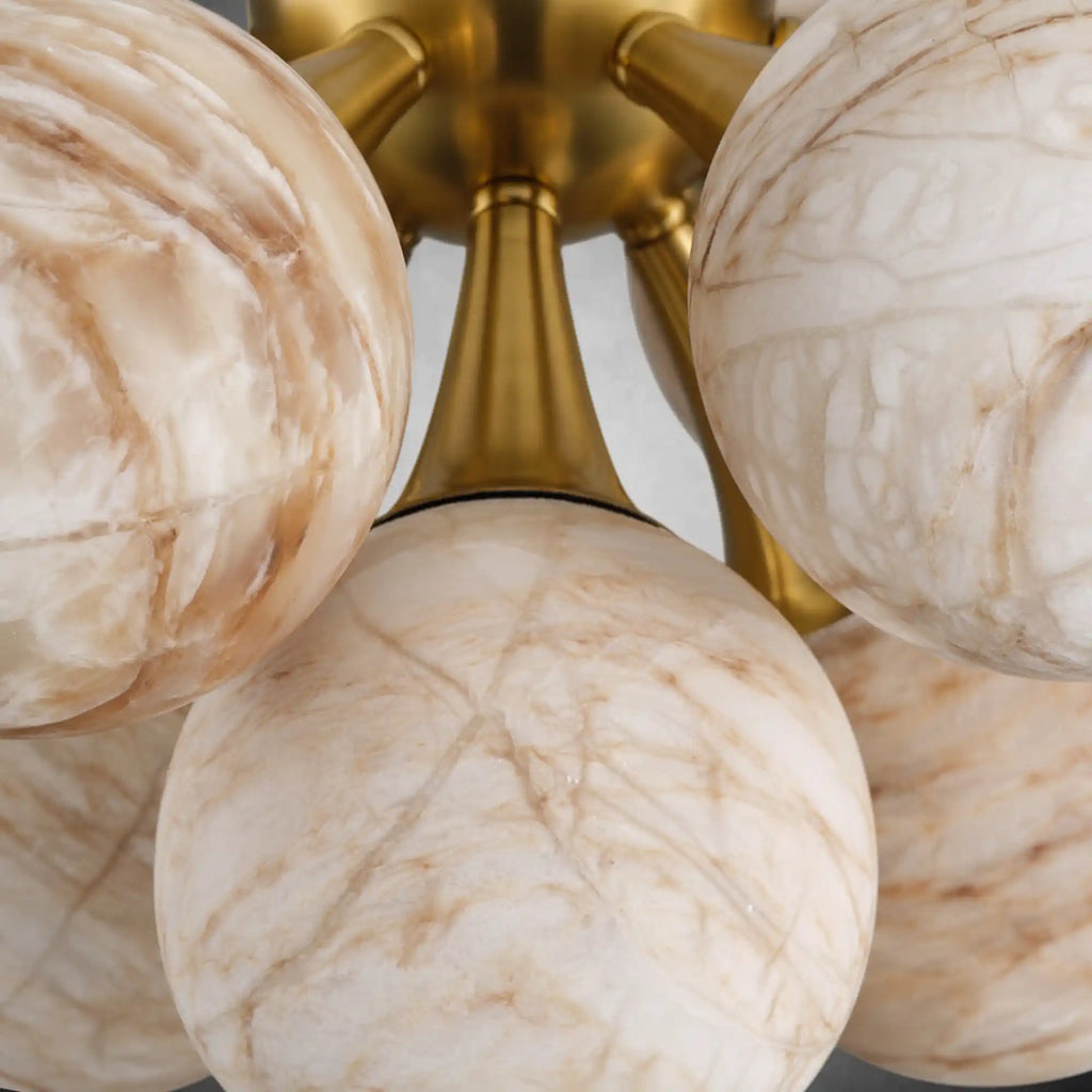 Modern 10-Light Chandelier, Gold Alabaster Globe Pendant Light, Adjustable for Sloped Ceiling, Dimmable Farmhouse Chandelier