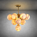 Modern 10-Light Chandelier, Gold Alabaster Globe Pendant Light, Adjustable for Sloped Ceiling, Dimmable Farmhouse Chandelier