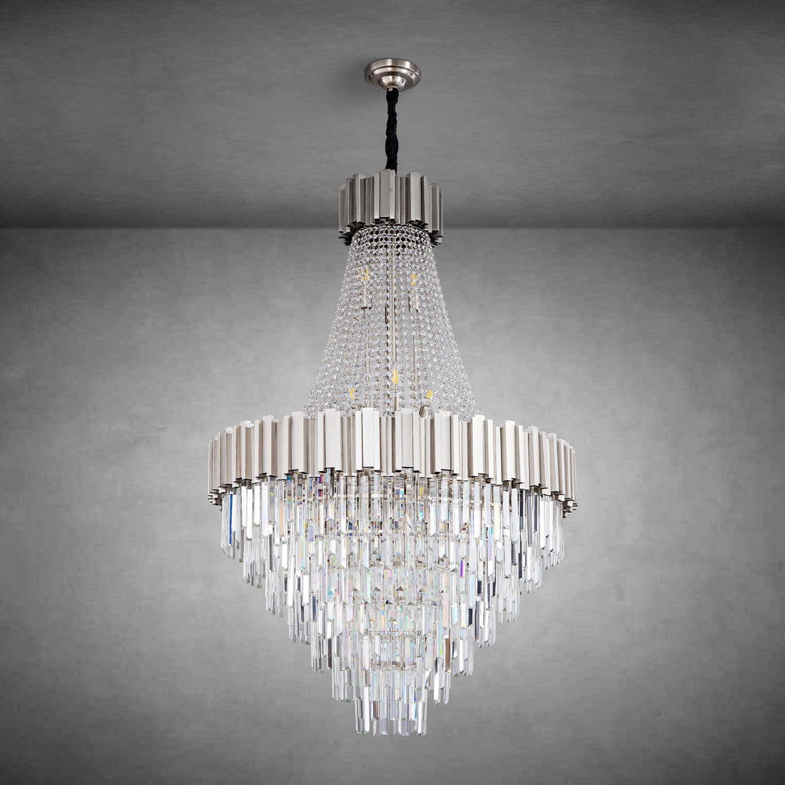 Inverted triangle crystal round pendant light