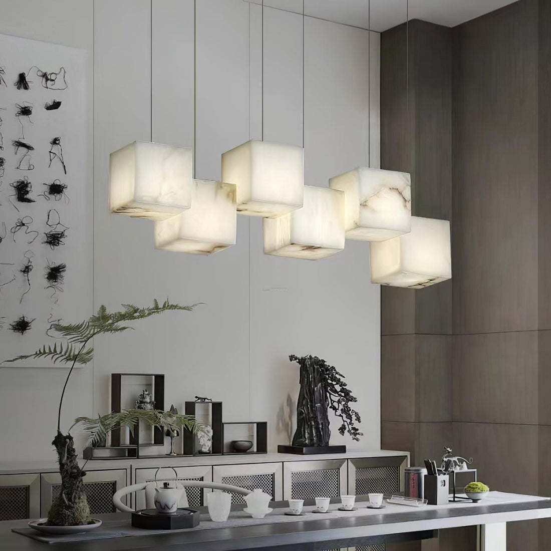 Alabaster Box Linear Chandelier - 6 heads L 28.3" x W 4.7"x H 78.7" / L 72cm x W 12cm x H 200cmWhite - Manor Lights