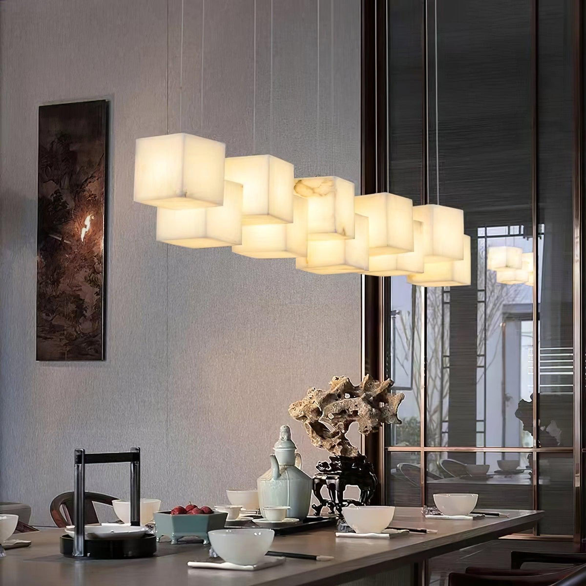 Alabaster Box Linear Chandelier - 6 heads L 28.3" x W 4.7"x H 78.7" / L 72cm x W 12cm x H 200cmWhite - Manor Lights