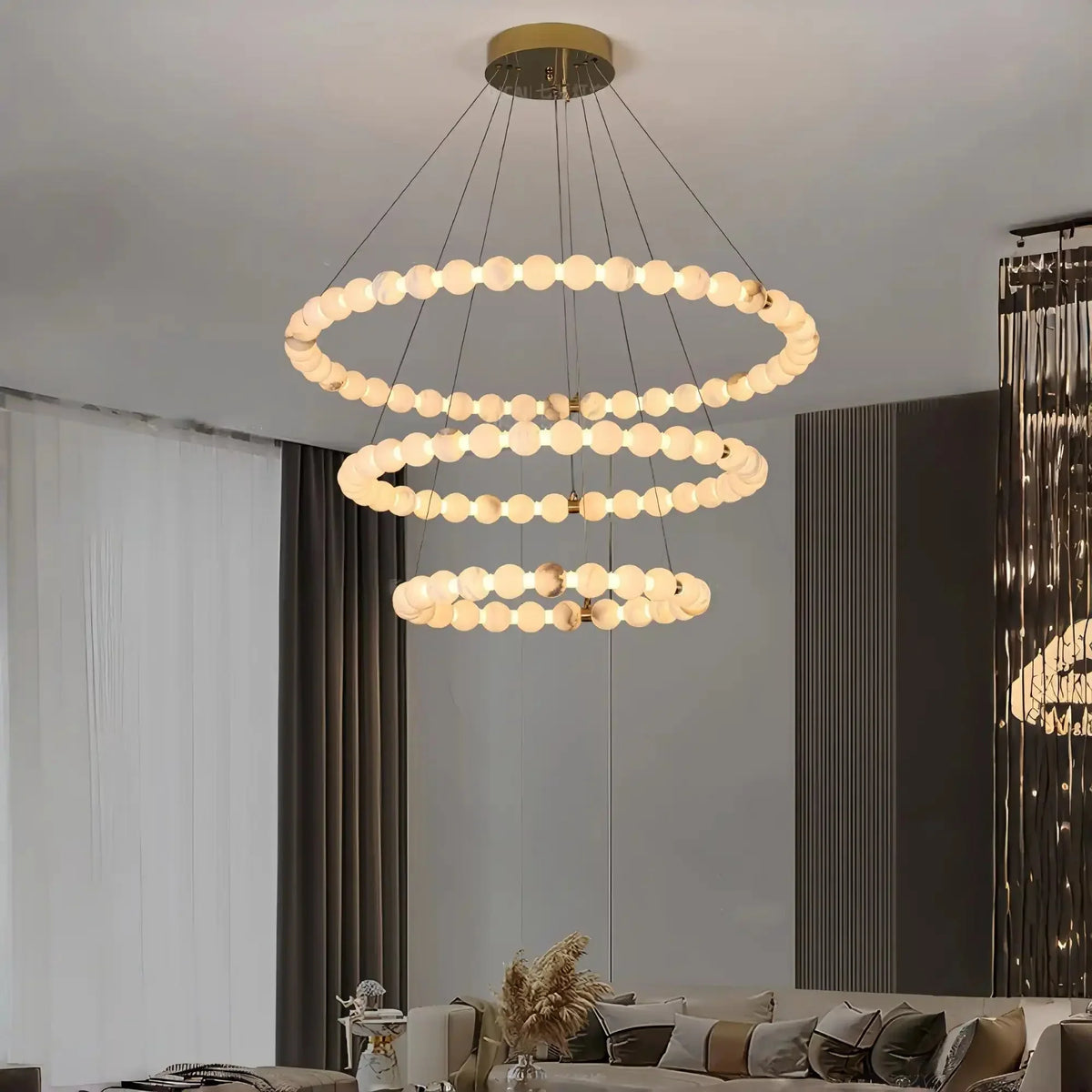 Alabaster Orb Ring Chandelier - 23.6″ + 31.5″ + 39.4″Gold & WhiteWarm Light-Jecanoli
