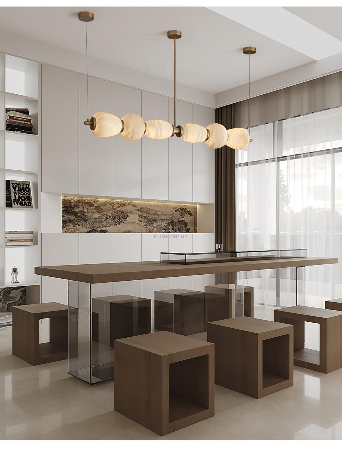 Alabaster Pebble Linear Chandelier - L 53.1″ x W 5.5″ x H 59.1″Gold & WhiteWarm LightJecanoli