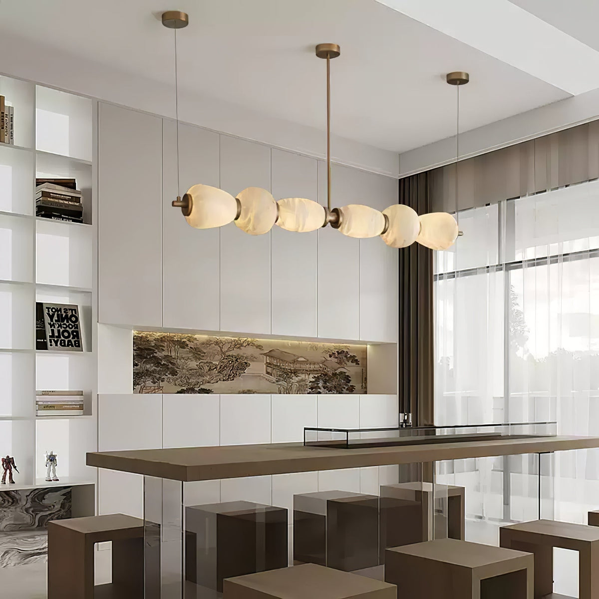 Alabaster Pebble Linear Chandelier - L 53.1″ x W 5.5″ x H 59.1″Gold & WhiteWarm LightJecanoli
