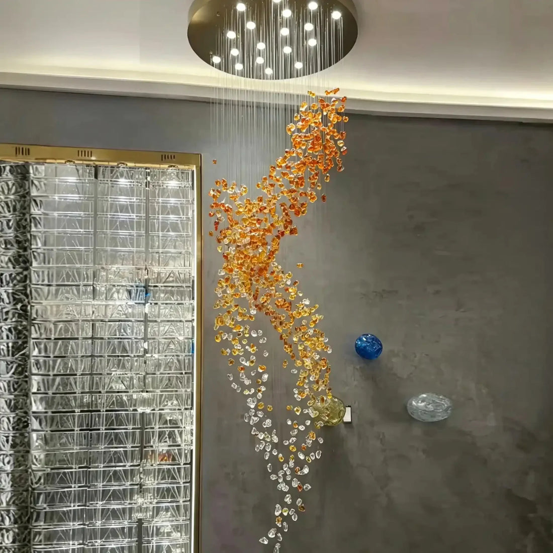 Amber Art Glass Spiral Chandelier for Staircase & High Ceiling Foyer - D39.4"*H118.5"(D100cm*H301cm)Warm LightJecanoli