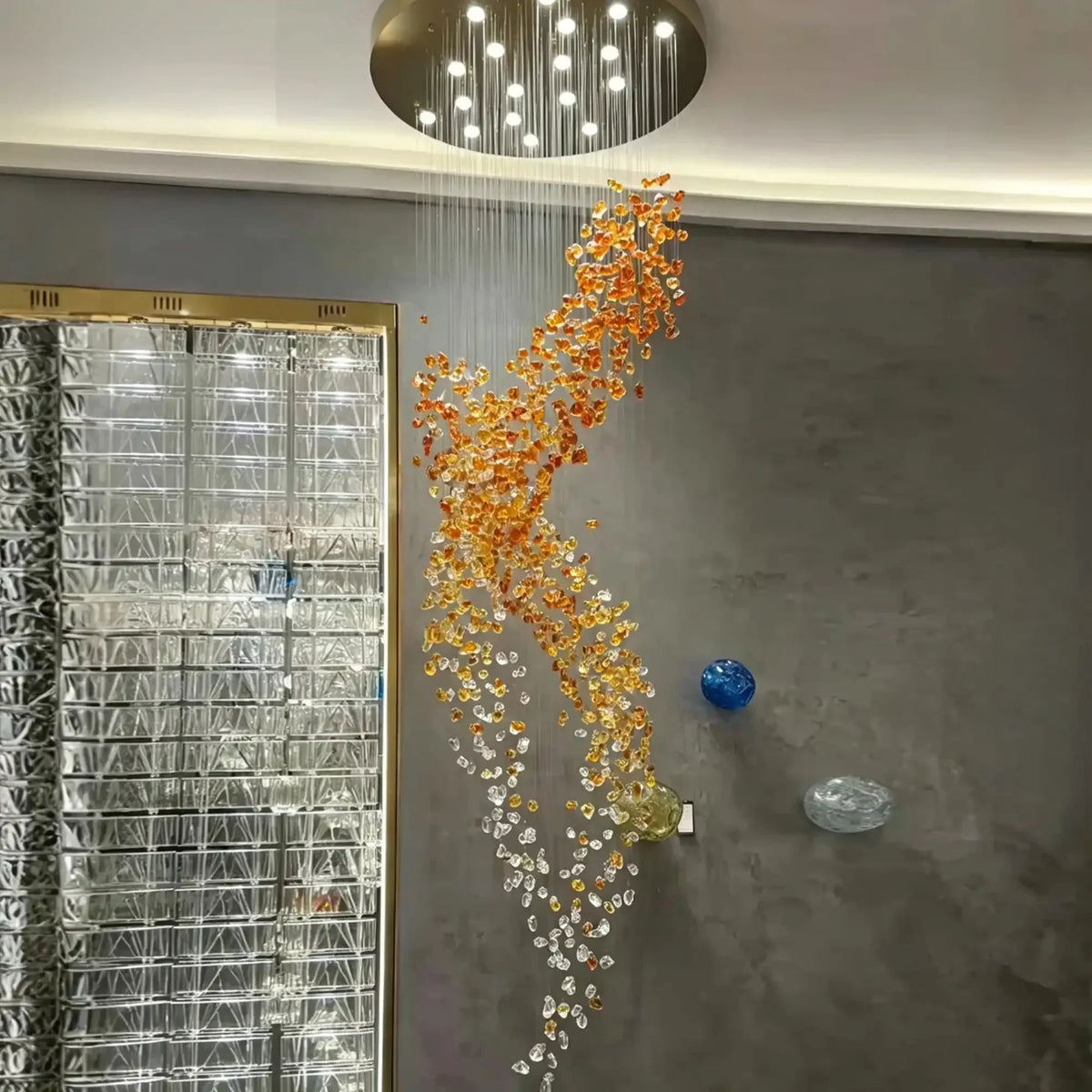 Amber Art Glass Spiral Chandelier for Staircase & High Ceiling Foyer - D39.4"*H118.5"(D100cm*H301cm)Warm LightJecanoli