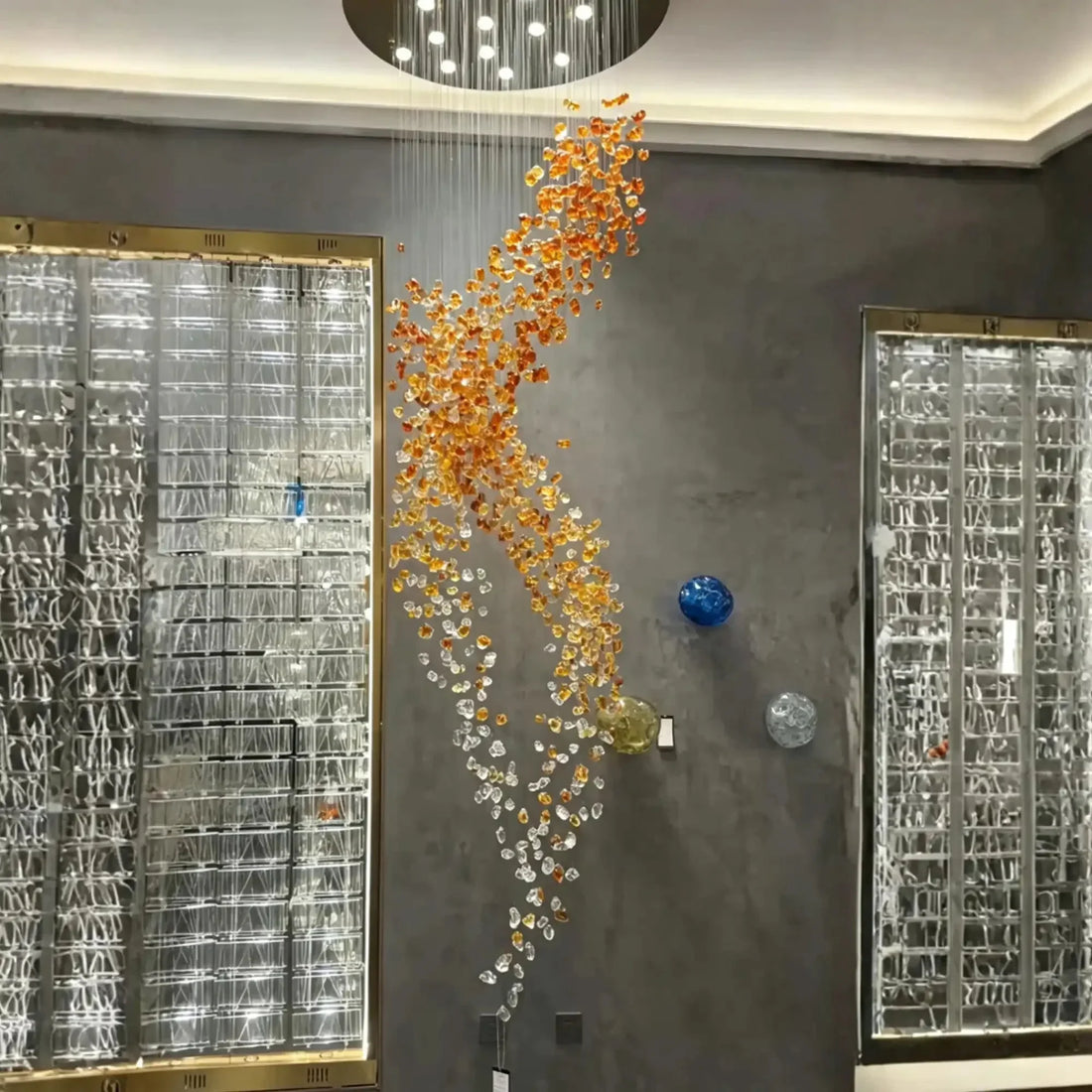 Amber Art Glass Spiral Chandelier for Staircase & High Ceiling Foyer - D39.4"*H118.5"(D100cm*H301cm)Warm LightJecanoli