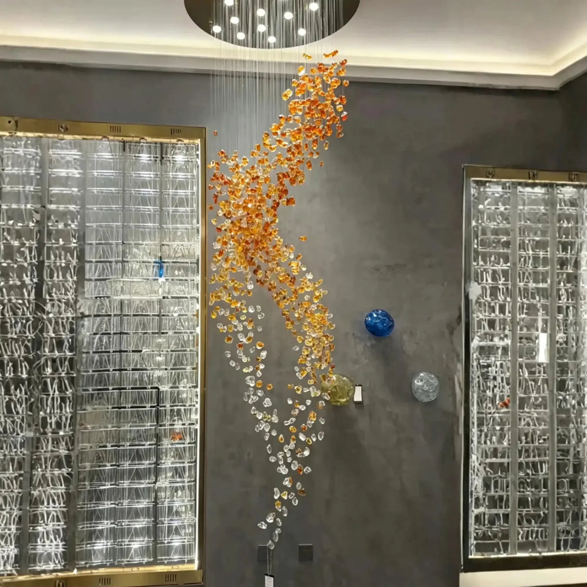 Amber Art Glass Spiral Chandelier for Staircase & High Ceiling Foyer - D39.4"*H118.5"(D100cm*H301cm)Warm LightJecanoli