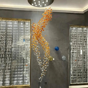 Amber Art Glass Spiral Chandelier for Staircase & High Ceiling Foyer - D39.4"*H118.5"(D100cm*H301cm)Warm LightJecanoli