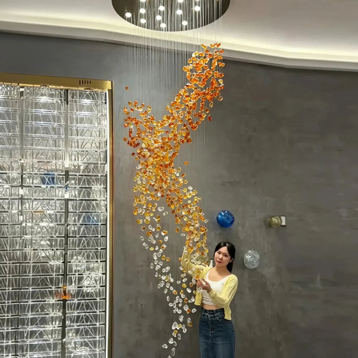 Amber Art Glass Spiral Chandelier for Staircase & High Ceiling Foyer - D39.4"*H118.5"(D100cm*H301cm)Warm LightJecanoli